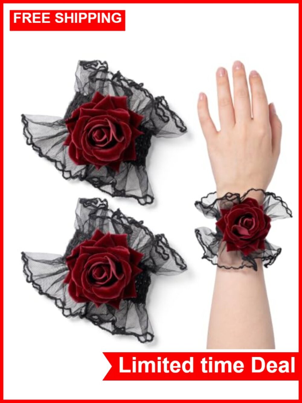 Black Lace Gloves with Red Roses Gothic Wrist Cuff Halloween Accessory